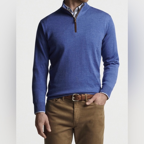Peter Millar Royal Blue Quarter Zip with Suede Zipper Detail - Picture 2 of 5